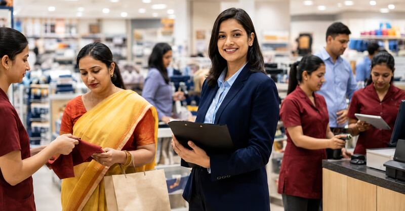 Retail store staff assisting customers